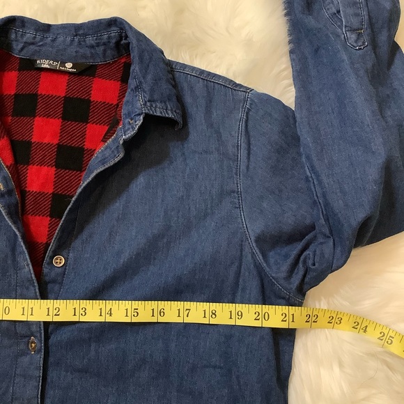 Riders Women's Blue Button Up Buffalo Plaid Fleece Lining Size Med Cotton Shirt - Picture 7 of 8